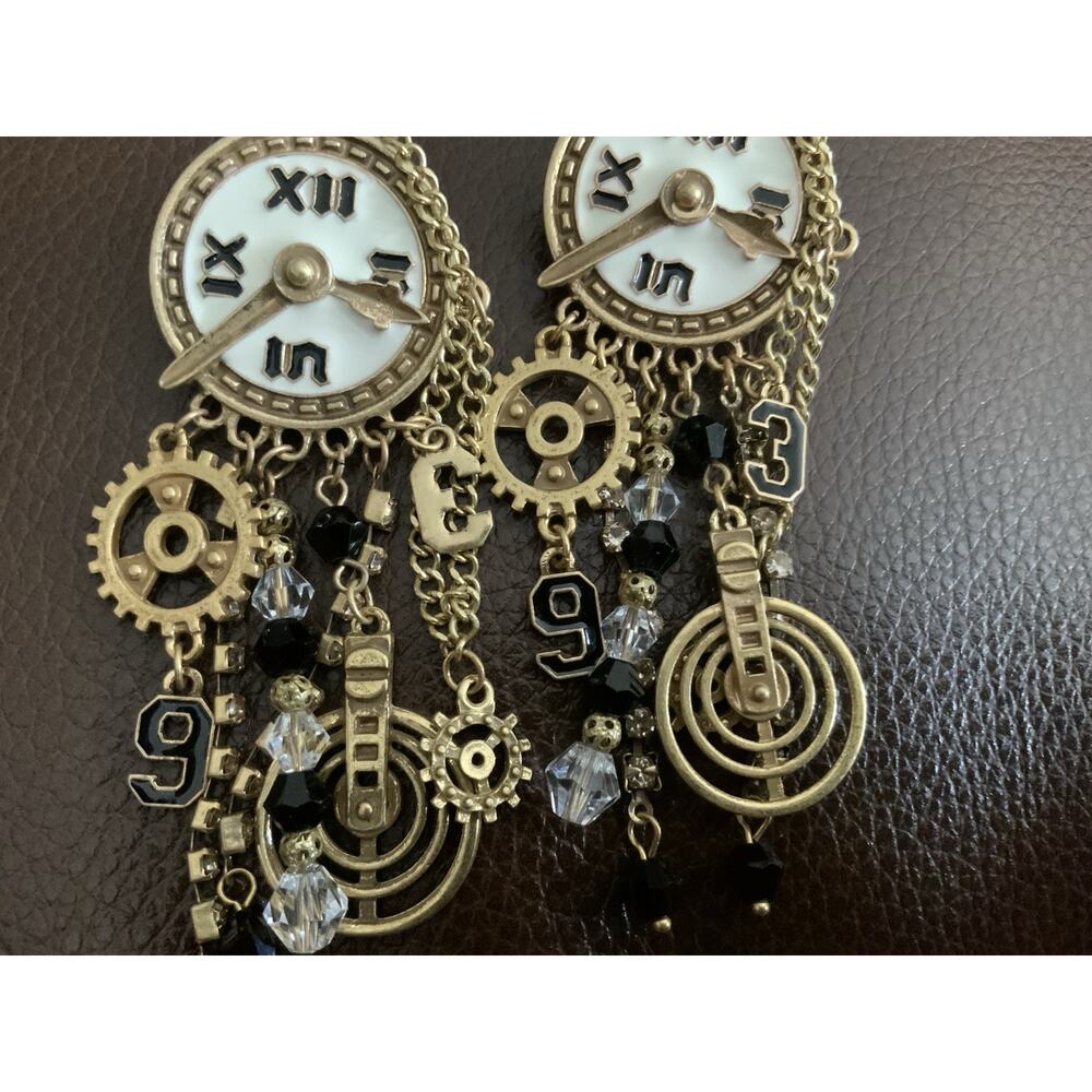 Museum Retro Clock Earrings Gold Chain CZ Steampunk Statement Art Boho Gear VTG - Picture 7 of 9